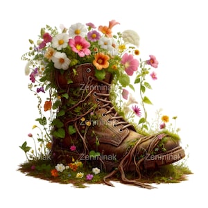 12 botte rustique avec fleurs sauvages PNG Clipart, arrangement floral de chaussure de randonnée vintage, illustration de jardin de printemps