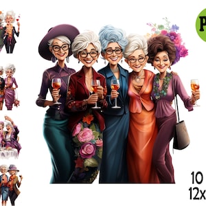 Watercolor Funny Old Ladies Clipart Sublimation PNG, Cheerful Old Ladies