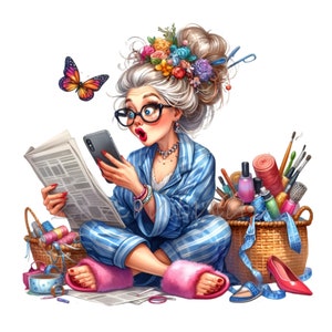 Crafting Grandma 12 PNG Clipart | Fun Granny With Coffee and Sewing ...