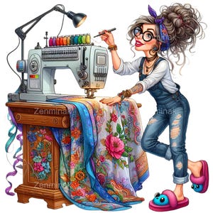 Può includere: Illustrazione di una macchina da cucire con un portafilo colorato. Una donna con occhiali e bandana è raffigurata mentre lavora sulla macchina. Il tavolo ha un motivo floreale e l'immagine ha il testo "Zenmina".