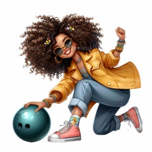 14 Bowling Girl PNG Clipart, Ragazza alla moda con capelli ricci e palla, Giacca gialla, Design adesivo sportivo divertente