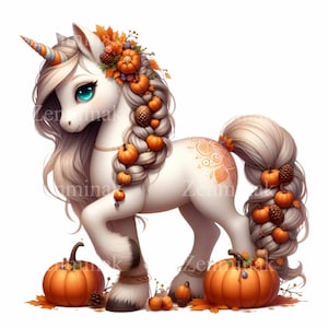 15 PNG Unicorno autunnale PNG – Clipart di pony autunnale con zucche e trecce – Illustrazione di un simpatico cavallo fantasy per decorazioni per bambini e lavoretti autunnali