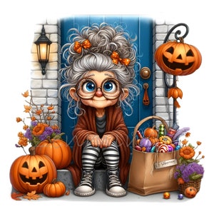 10 Halloween Nonna Clipart PNG, Donna anziana carina con zucche e caramelle, Illustrazione autunnale stravagante, Arte del portico festoso