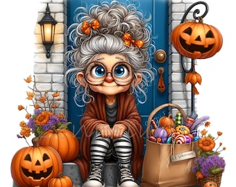 10 PNG Halloween Grandma Autumn Sublimation, Old Lady Clipart Pumpkin Porch