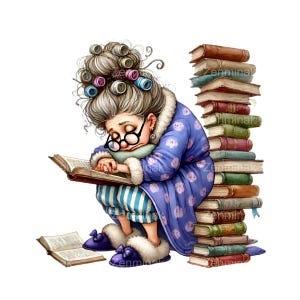 May include: A woman with gray hair in curlers is sitting on a stack of books and reading a book. She is wearing a blue and white striped pajama top and a purple robe with white polka dots.