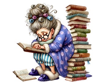 12 PNG Sleeping Grandma Reading, Funny Senior Lady Bookworm Clipart