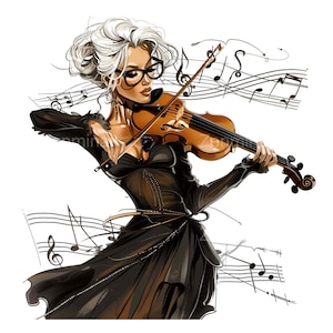 16 imágenes PNG de una elegante violinista: PNG de una mujer madura tocando el violín. Ilustración musical para amantes de la música y proyectos artísticos.