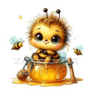 15 niedliche Baby Biene Clipart PNG, entzückende pelzige Biene im Honigtopf, Kawaii Insekt Kunst, Cartoon Bumblebee mit großen Augen, Honig Drip Design