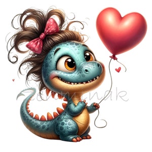 15 PNG Lindo dinosaurio PNG – Dinosaurio verde azulado femenino con globo de corazón y lazo rosa – Clipart adorable para niños, día de San Valentín o decoración infantil