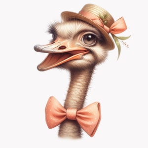 10 divertenti clipart PNG di struzzo, simpatico uccello con papillon color pesca e cappello, ritratto di animale stravagante, personaggio di moda da cortile