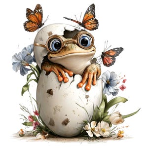 Puede incluir: Ilustración caprichosa de una rana con gafas saliendo de un huevo agrietado. Dos mariposas naranjas y negras revolotean alrededor del huevo, rodeadas de flores azules y blancas y vegetación. La rana tiene grandes ojos azules y patas palmeadas naranjas.