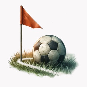 Puede incluir: Un bal&oacute;n de f&uacute;tbol blanco y negro sobre un parche de hierba verde con una bandera de esquina roja en el fondo.