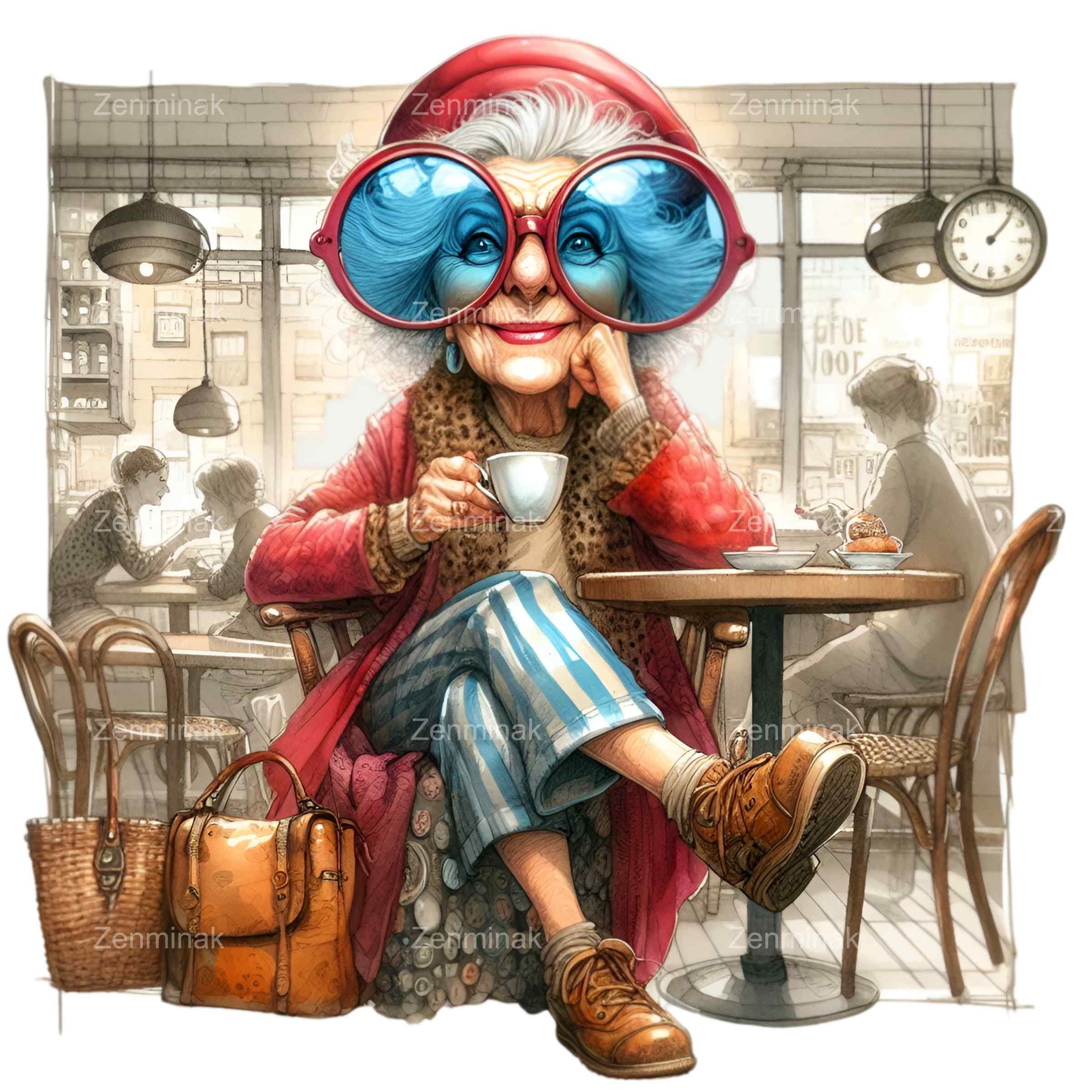 14 PNG Grandma Coffee Clipart, Floral Old Lady Illustration - Etsy