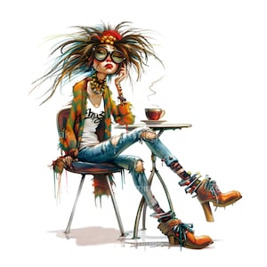 Ragazza eccentrica al caffè PNG Clipart, 12 donne rilassate con capelli colorati arte digitale, scena del caffè da scaricare