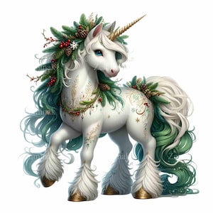 15 冬のユニコーン クリップアート PNG、松の花輪を持つファンタジーの白い馬、お祭りの休日のユニコーンのイラスト、エレガントな神秘的なアート