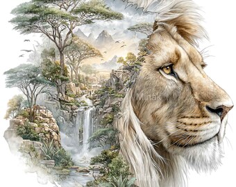 15 PNG Perfil de león Acuarela, Doble exposición Paisaje de cascada de sabana
