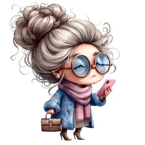 May include: A cartoon illustration of a woman with grey hair in a bun, wearing a blue and floral patterned coat, pink scarf, round glasses, and holding a pink smartphone and a brown purse.