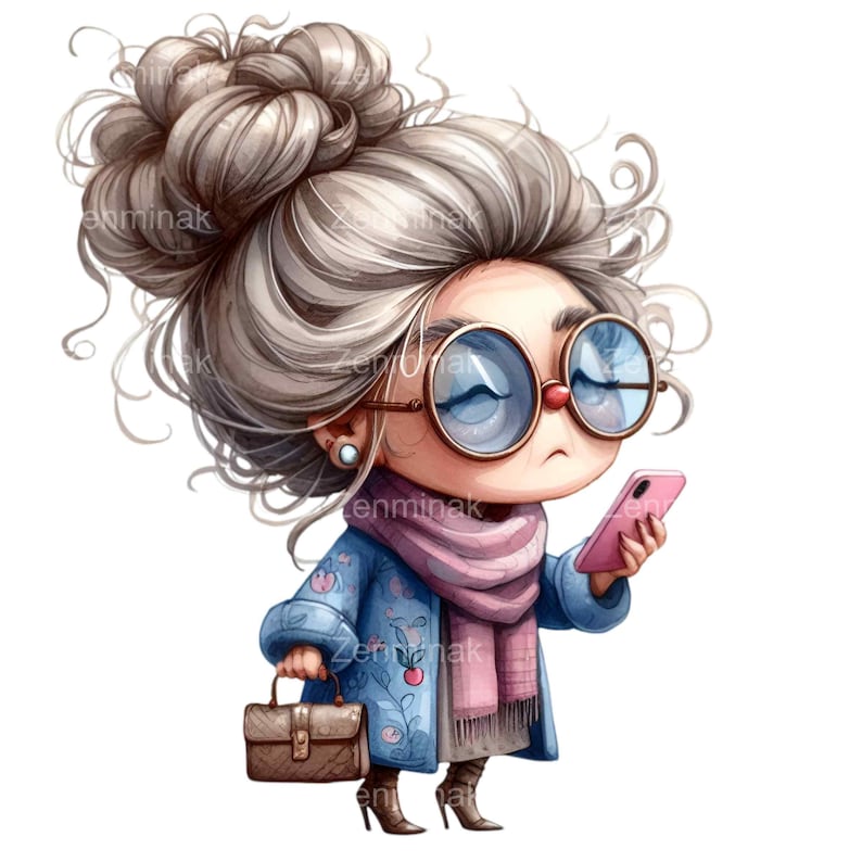 May include: A cartoon illustration of a woman with grey hair in a bun, wearing a blue and floral patterned coat, pink scarf, round glasses, and holding a pink smartphone and a brown purse.