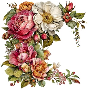 Puede incluir: Un vibrante arreglo floral con grandes peonías en tonos rosa, rojo y blanco, acentuado con hojas verdes y capullos más pequeños. Las flores tienen una apariencia detallada y realista, con una mezcla de flores abiertas y capullos cerrados.