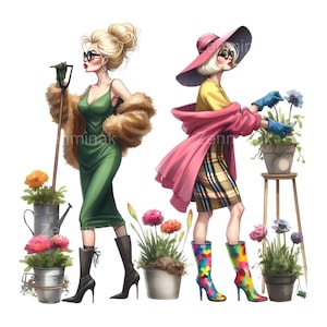 15 PNG Fancy Gardening Ladies, Mode Blommig Clipart, Elegant Lady Sublimering