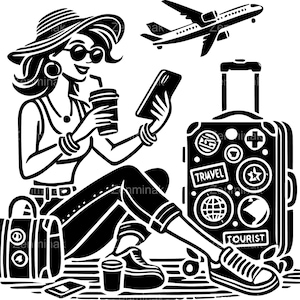 4 SVG Reise Mädchen SVG - Flughafen Tourist Schnittdatei - Urlaub Frau Clipart für Shirts, Planer, Aufkleber, Cricut Reise Kunsthandwerk
