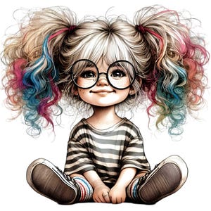 15 imágenes PNG de chica con cabello arcoíris: pecas, gafas grandes y redondas, camisa a rayas, pose sentada, arte infantil adorable y caprichoso