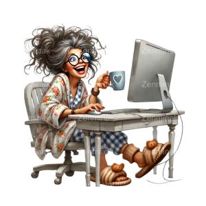 15 lustige Oma arbeitet am Computer PNG, Cartoon ältere Frau Clipart, wunderliche Tech Oma Digital Art Download