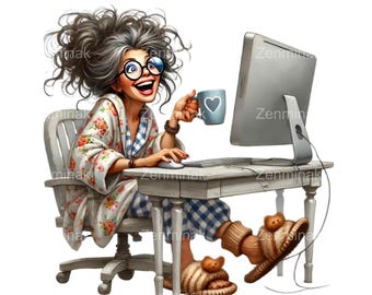 15 Funny Granny Working at Computer PNG, Cartoon Elderly Woman Clipart, Whimsical Tech Granny Digital Art Download