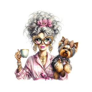 22 PNG Dame mit Yorkshire Terrier PNG Clipart - Glam Brille, Schmuck, Kaffeetasse, Passende Bögen, Rosa Pyjamas, lustiger Hund Clip Art