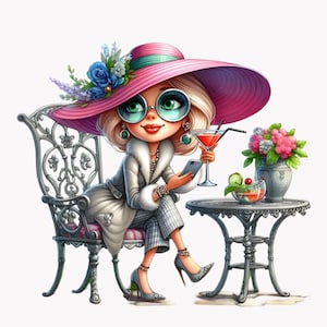 Clipart di donna divertente che beve un cocktail, donna alla moda, arte murale stampabile, illustrazione di 10 PNG di donna
