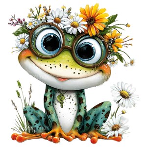 May include: A whimsical illustration of a frog with large blue eyes wearing round glasses and a floral crown of daisies and sunflowers. The frog is green with brown spots and orange feet, sitting among blades of grass and more daisies.