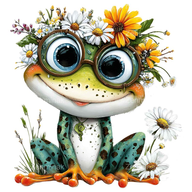 May include: A whimsical illustration of a frog with large blue eyes wearing round glasses and a floral crown of daisies and sunflowers. The frog is green with brown spots and orange feet, sitting among blades of grass and more daisies.