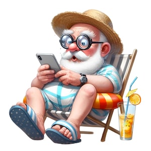 Lustiger Cartoon-Großvater, der Strand-Tag mit Limonade und Smartphone genießt | 10 Wunderliche Sommer PNG Kunst | Digitaler Download