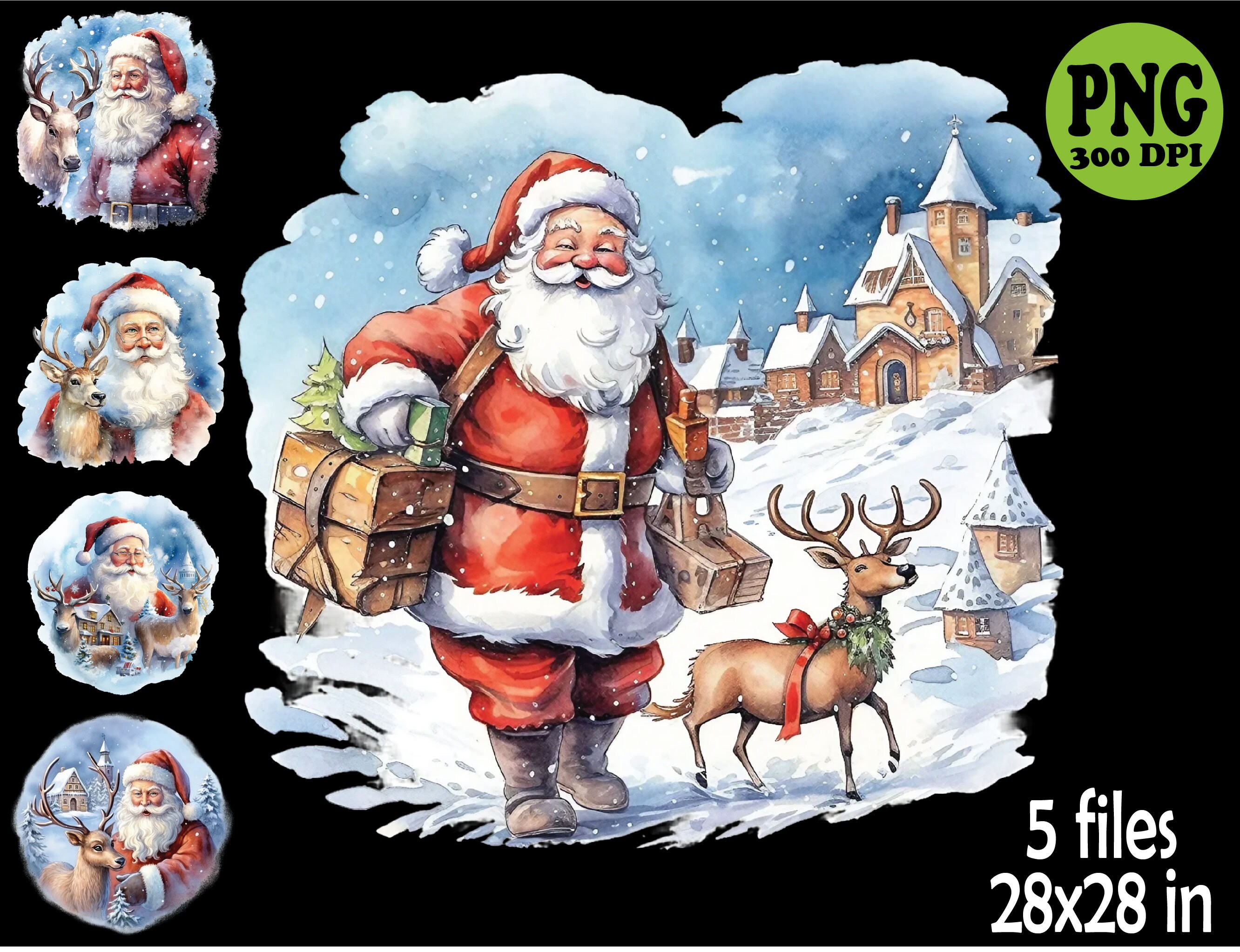 5 PNG Santa and Reindeer – Watercolor Christmas PNG Set – Festive ...