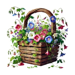 15 Cestini rustici con ipomee PNG Clipart, Illustrazione di un cesto floreale con fiori di campo, Arte decorativa da giardino colorata