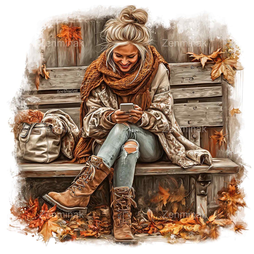 15 PNG Autumn Girl Clipart, Woman on Bench Fall Leaves, Watercolor ...
