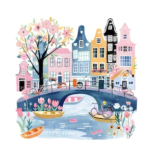 17 Amsterdam Spring Clipart PNG, Niederländische Grachtenhäuser mit Fahrrädern und Blumen, Romantische Niederlande Aquarell Illustration
