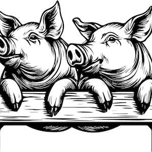 4 SVG Pig Couple SVG – Two Farm Pigs at Fence Cut File – Vintage Barnyard Animal Silhouette for Kitchen Signs, DIY Crafts & Country Decor