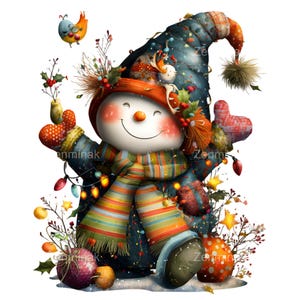 May include: A whimsical snowman illustration with a cheerful expression, wearing a blue hat and scarf with colorful patterns. The snowman is adorned with festive decorations, including a string of lights, a bird, and a heart-shaped ornament. The overall design is bright and festive.
