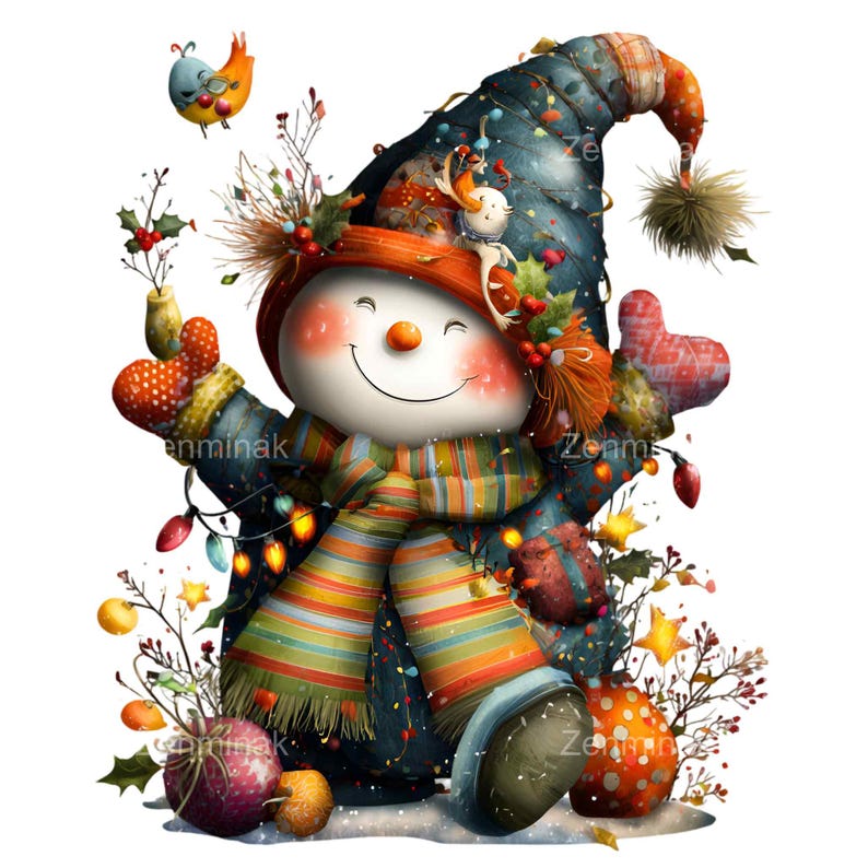 May include: A whimsical snowman illustration with a cheerful expression, wearing a blue hat and scarf with colorful patterns. The snowman is adorned with festive decorations, including a string of lights, a bird, and a heart-shaped ornament. The overall design is bright and festive.