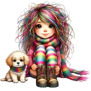 15 Rainbow Girl Clipart PNG, Criança fofa com cabelo colorido e cachorro, Ilustração de roupa de inverno, Arte caprichosa