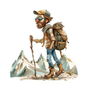 20 imágenes prediseñadas de hombre excursionista, ilustración de explorador barbudo, arte de trekking de montaña con mochila, descarga digital de aventuras al aire libre