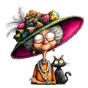 Puede incluir: Ilustración caprichosa de una anciana con un sombrero grande y colorido adornado con lazos y plumas. Lleva gafas, un collar de perlas y una blusa naranja. Un gato negro está sentado a su lado, con el texto "Zennmak".