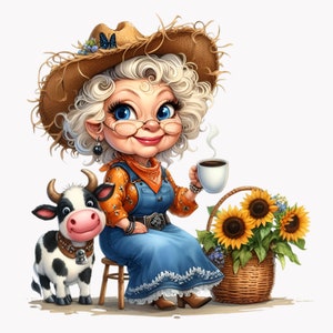 10 graziosi PNG Clip Art della nonna della fattoria, illustrazione di campagna stravagante, adorabile immagine di personaggio rustico