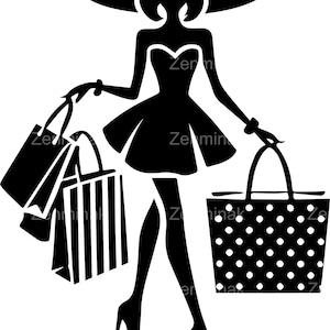 5 mujeres comprando SVG, elegante silueta, archivo de corte digital, dama elegante con bolsos para proyectos de manualidades