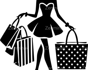 5 Woman Shopping SVG, Chic Silhouette Digital Cut File, Stylish Lady with Bags for Crafting Projects