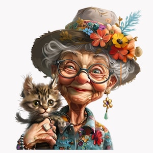 Grand-mère avec un chat PNG - 10 oeuvres d'art numériques de vieille dame et de chaton - Jolie illustration imprimable