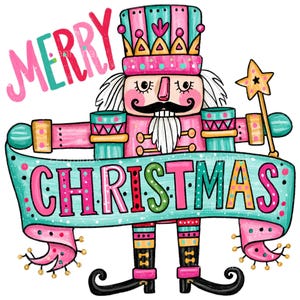 Pode incluir: Uma ilustração colorida de um quebra-nozes vestindo um uniforme rosa e turquesa com um chapéu alto, segurando uma varinha com uma estrela. O quebra-nozes segura uma faixa turquesa larga com o texto MERRY CHRISTMAS em letras rosa, verdes e amarelas.