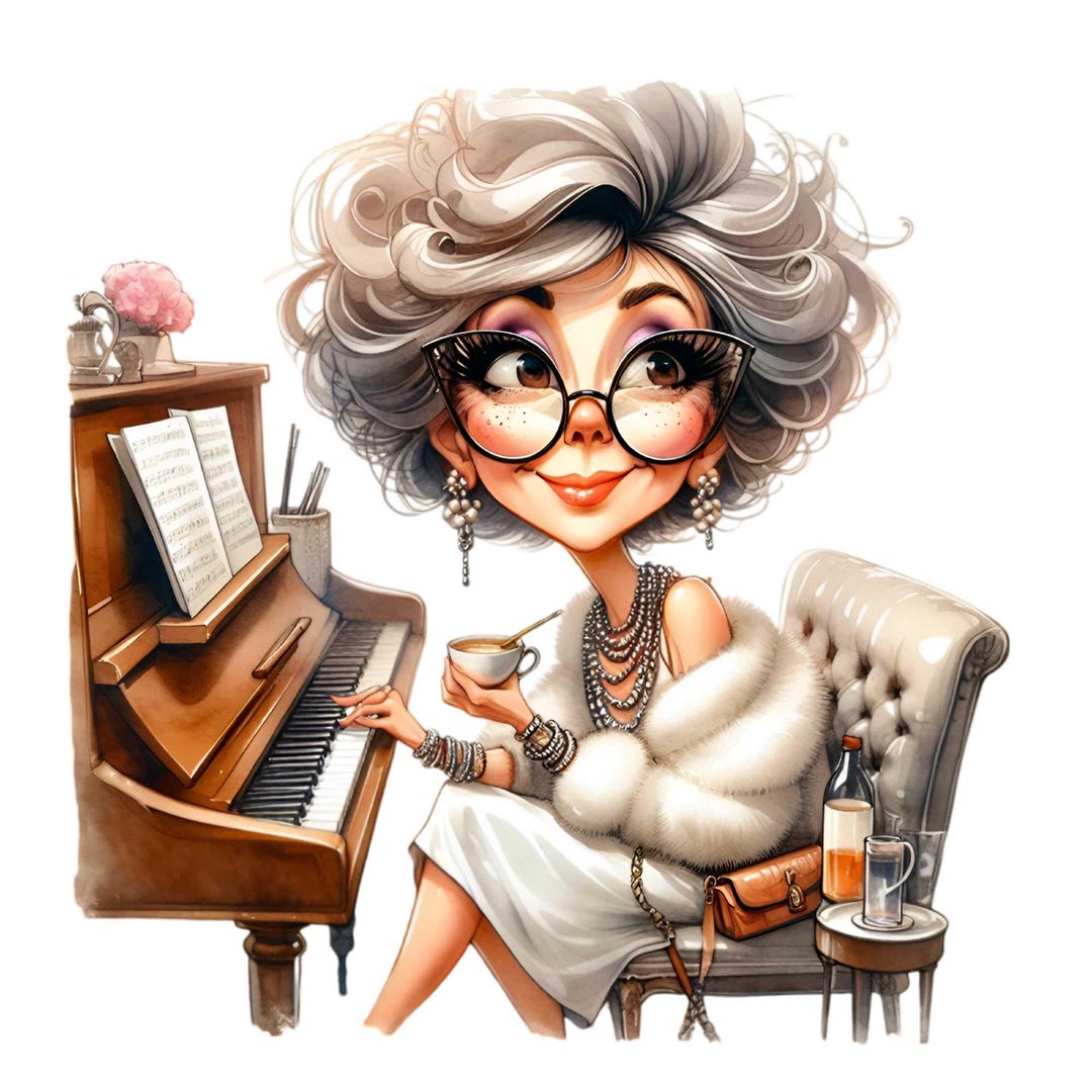12 Elegant Elderly Lady PNG Clipart – Glamorous Grandma at Piano With ...