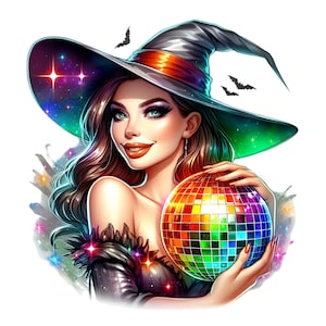 14 Clipart PNG di Streghe Disco, Strega di Halloween glamour con palla da discoteca arcobaleno, Arte di Streghe per Feste Colorate, Celebrazione Magica PNG